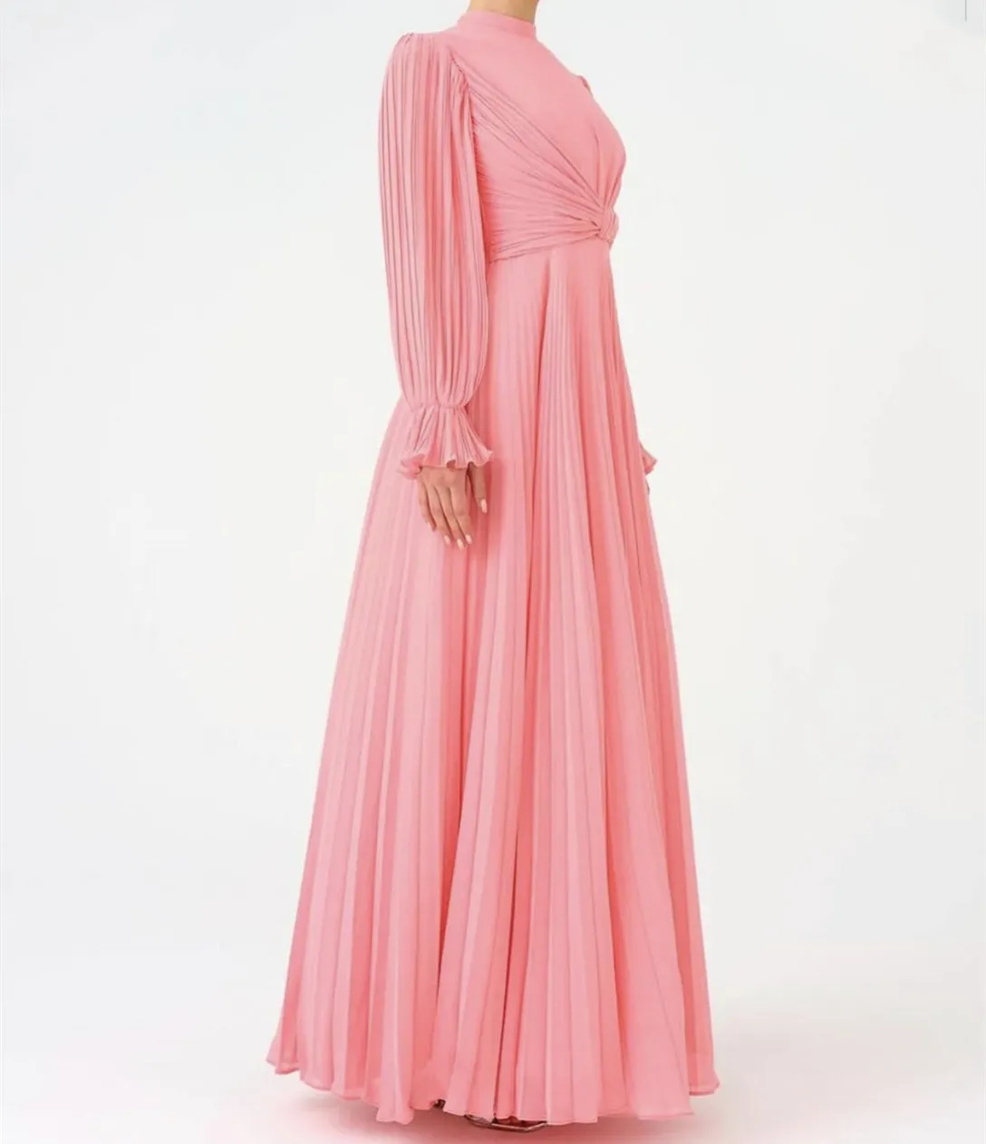 chinese dress ladies Womens Ruffle Mock Neck Maxi Dress Pleated Chiffon A Line Flowy Dress with  Belt Spring Fall Casual Dress at Amazon Women's Clothing store main image 1