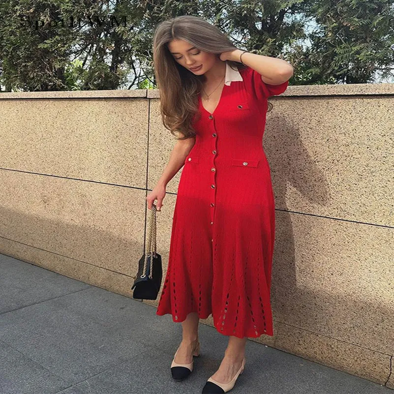 knitting dress single breasted Long Sleeve Single-breasted Knitted Sweater Dress  MVRX
