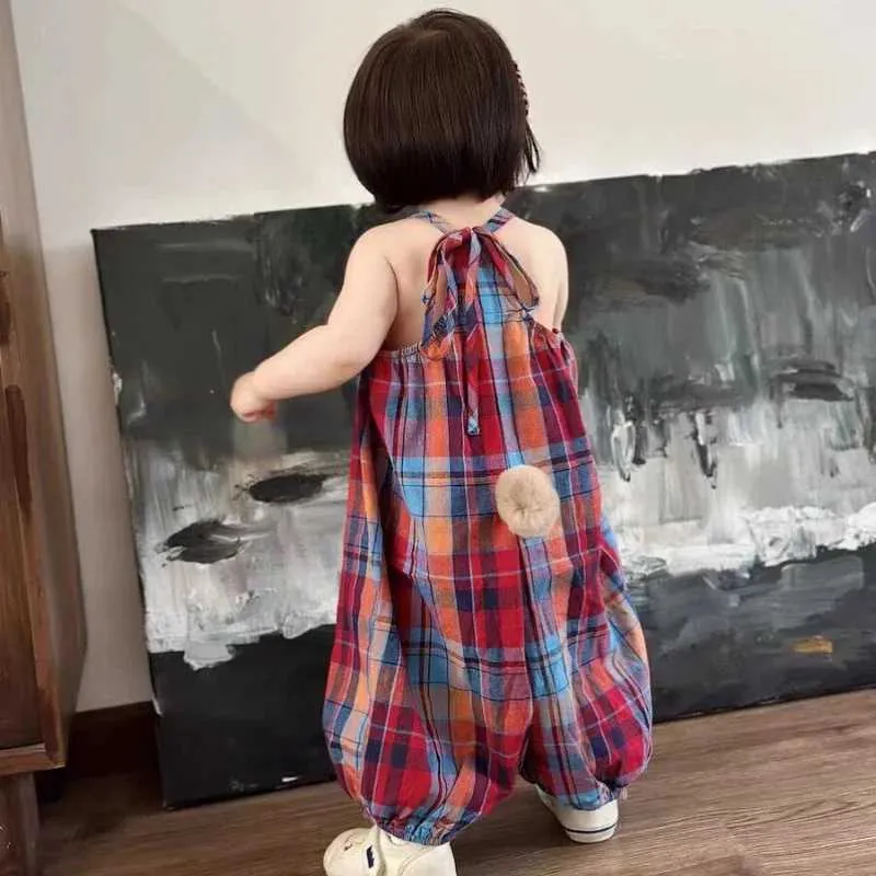 Cherry Checkered Jumpsuit Red Blue Cute Bunny Tail Summer Bib Pants for Girls Coated Cotton