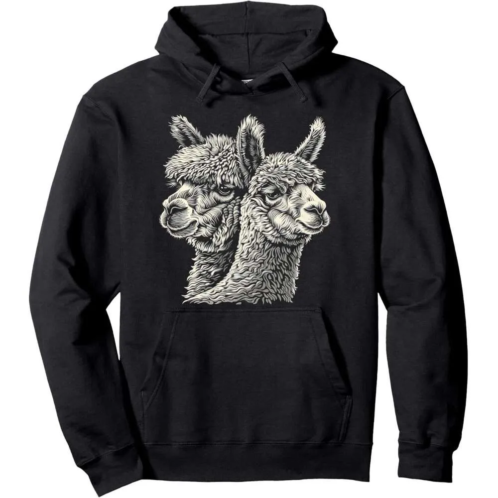 Mens Alpaca Wool Coat Soft Pullover Hoodie With Cute Llama Graphic
