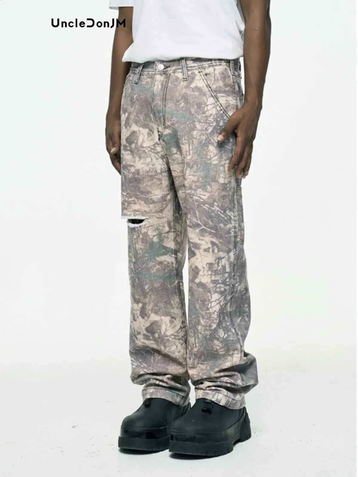 パンツ unsually Lace Camouflage Denim S Leaf Print Camouflage Faded Ripped Jeans For Mens 2024 Hip
