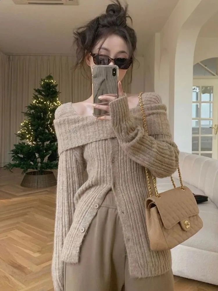 Deeptown Gyaru Y2K Off Shoulder Sweater Women Korean Elegant Slim