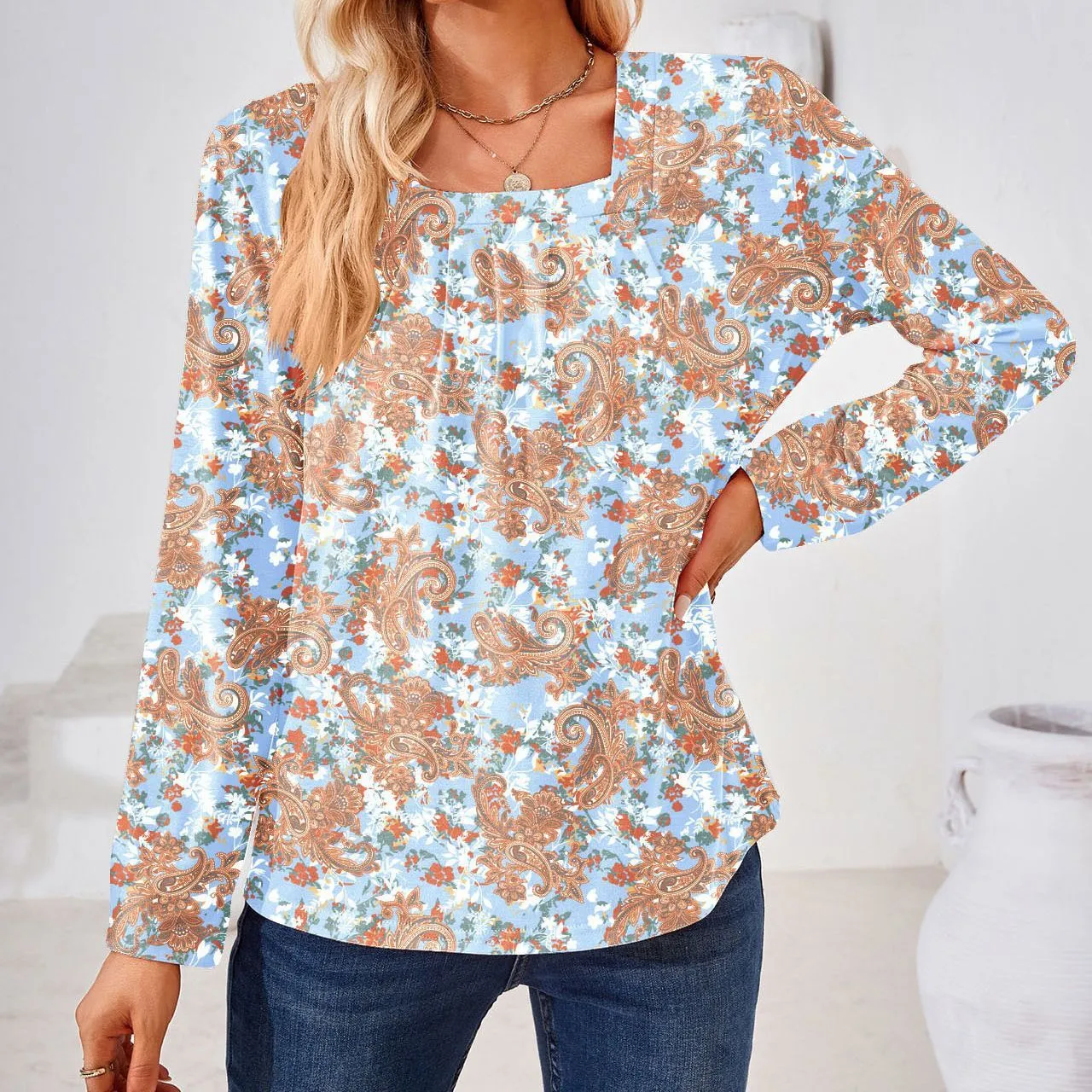 トップス SQUARE NECK LADY LIKE PLEATS TOP Womens Summer Tops Pleated Square Neck Puff Sleeve Tops Cute Short