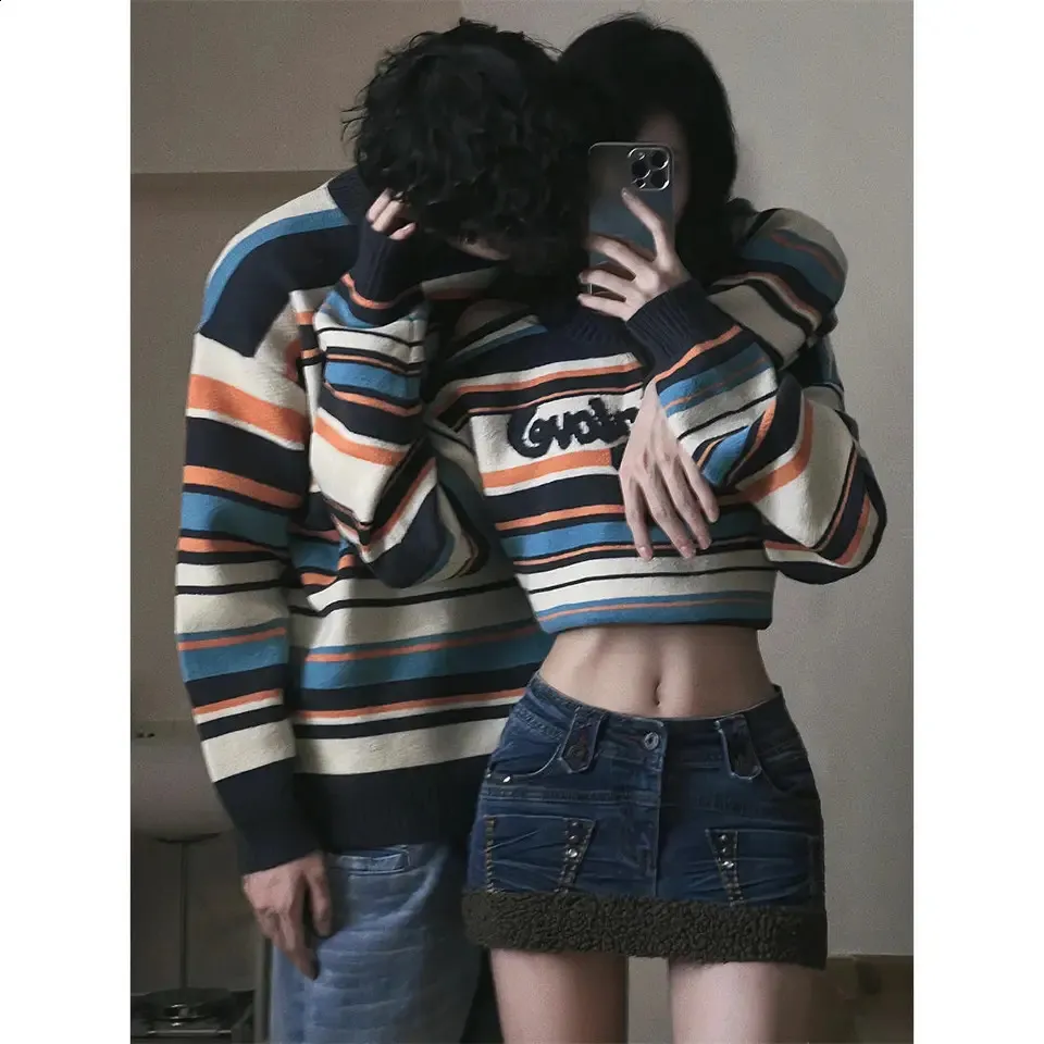 Save Big on Bulk Retro Rainbow Sweater Y2K Hong Kong Retro Rainbow Striped  Sweater For Men And Women Niche High Grade Off The Shoulder Sweater Couples 