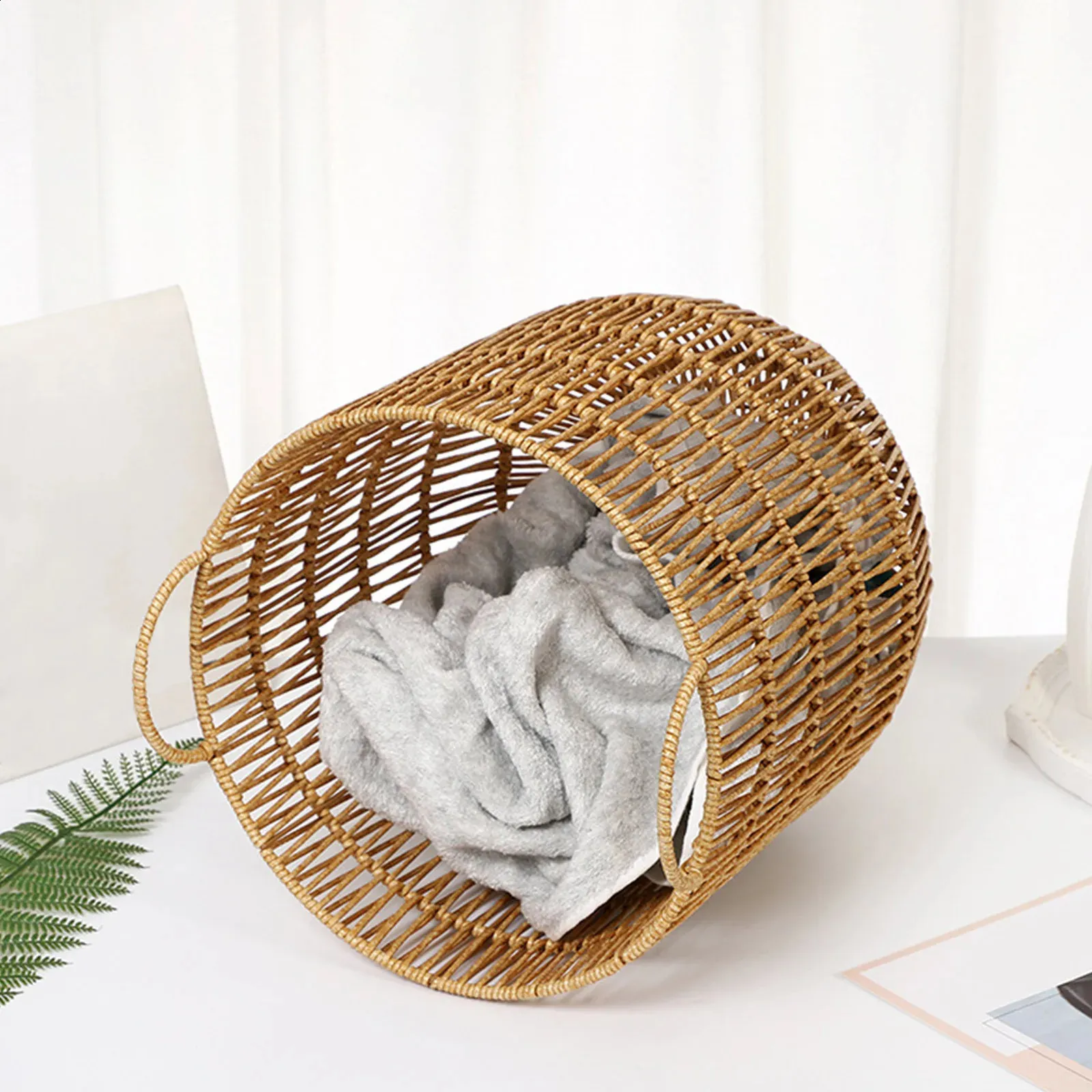 Natural Latan Laundry Basket for Dirty Clothes Toys Sturdy Storage Organizer Box