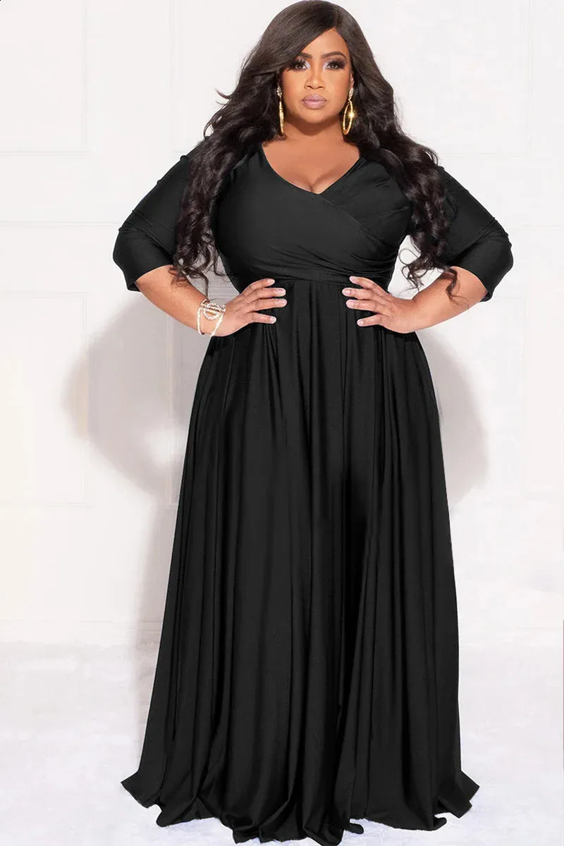 plus size black maxi dress with sleeves Final Sale Plus Size Ruched Maxi Dress with Double Slits in Black main image 0