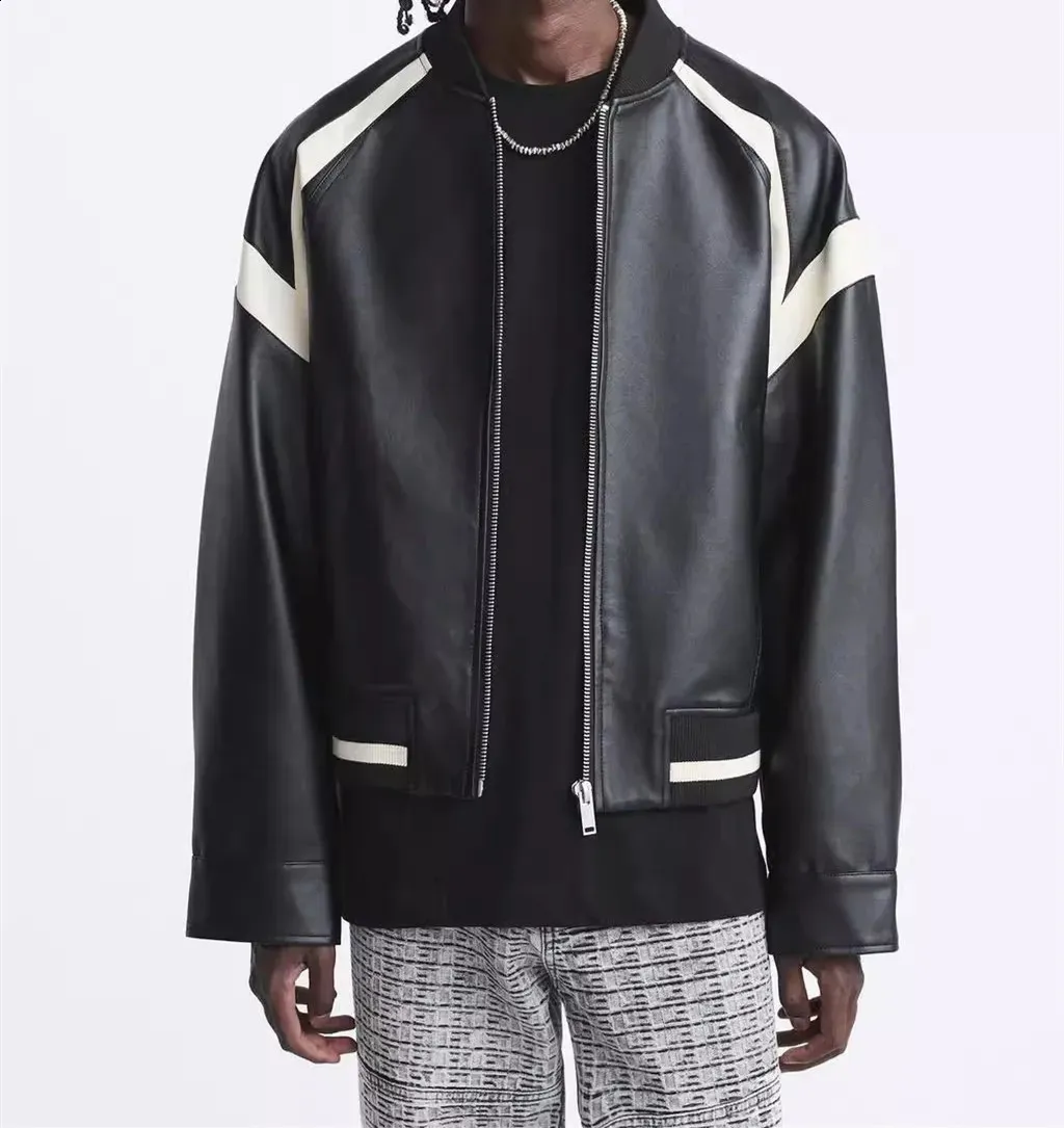 Retro Contrast Leather Bomber Jacket - Premium Quality, Shop