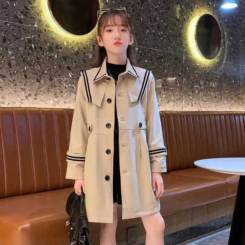 Girls Trench Coat Khaki Double Layer Long Jacket For Kids 15
