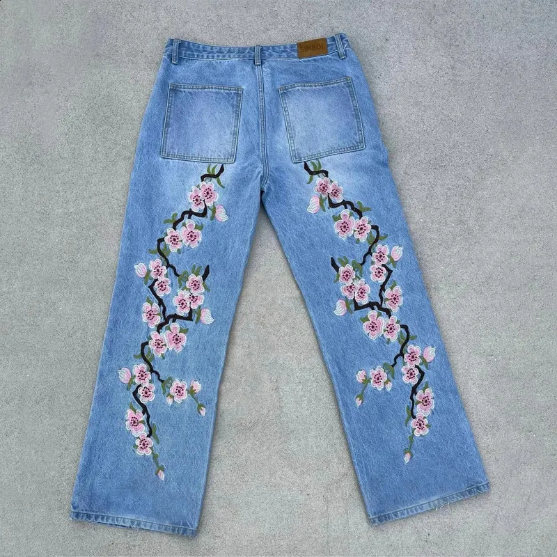 Y2K Denim Pants Unisex Sakura Embroidered Jeans  From Pong02
