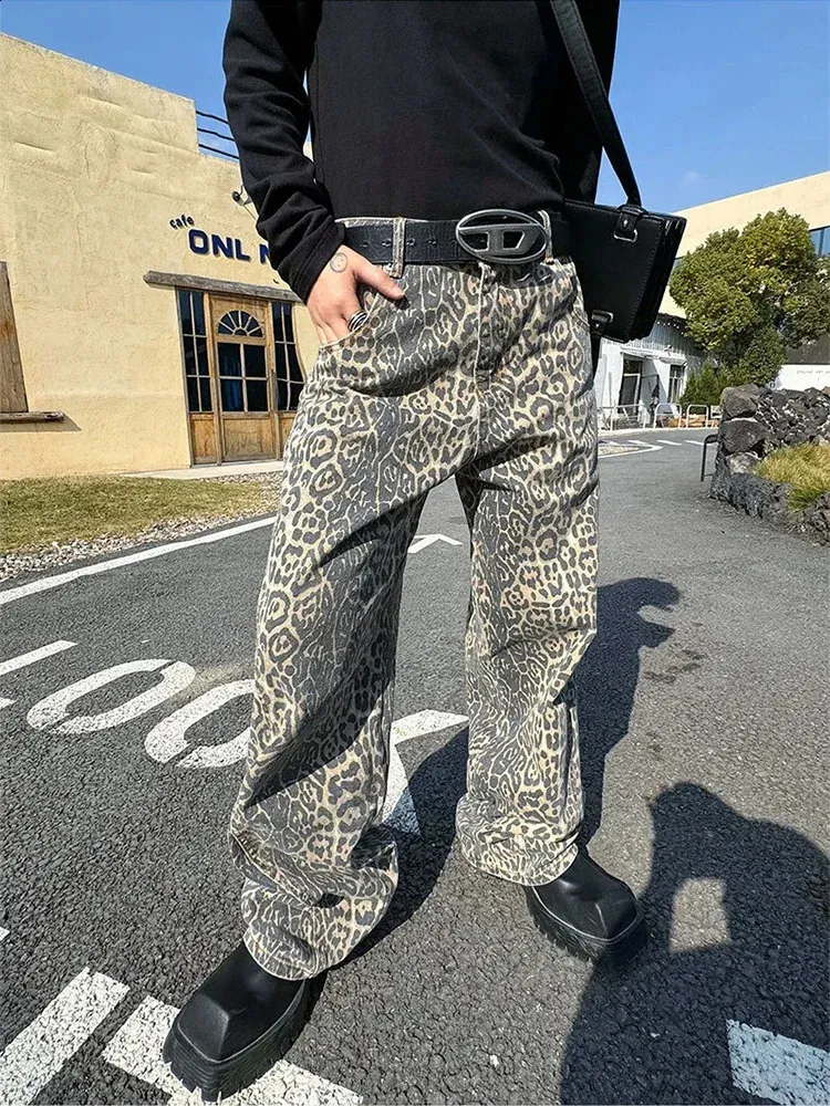 HOUZHOU Leopard Print Jeans Mens Wide Leg Denim Pants From