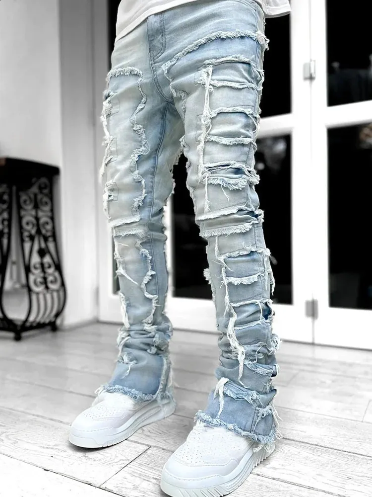 Jeans uomo neri slim fit con patch stile stacked primavera autunno_voghion.com