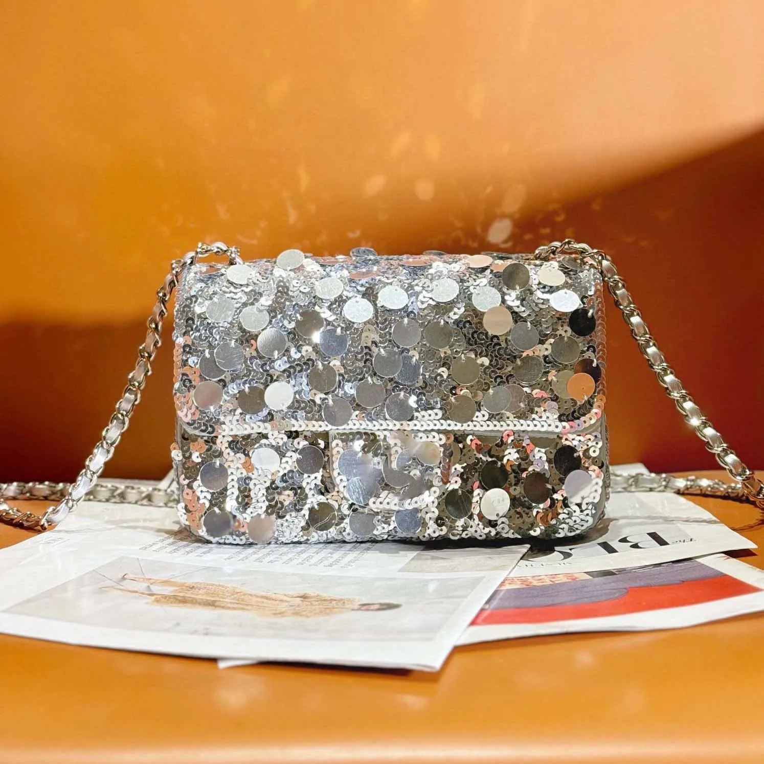 10A Genuine Leather Sequin Clutch Bag Designer Flap From