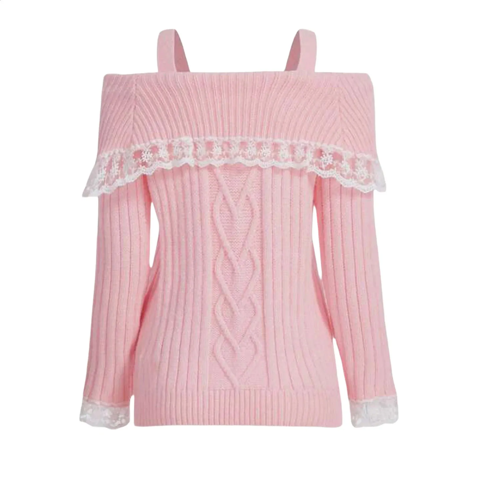 Ruffles Light Knit Off-Shoulder Pastel Sweater Ruffles Light Knit Off-Shoulder Pastel Sweater