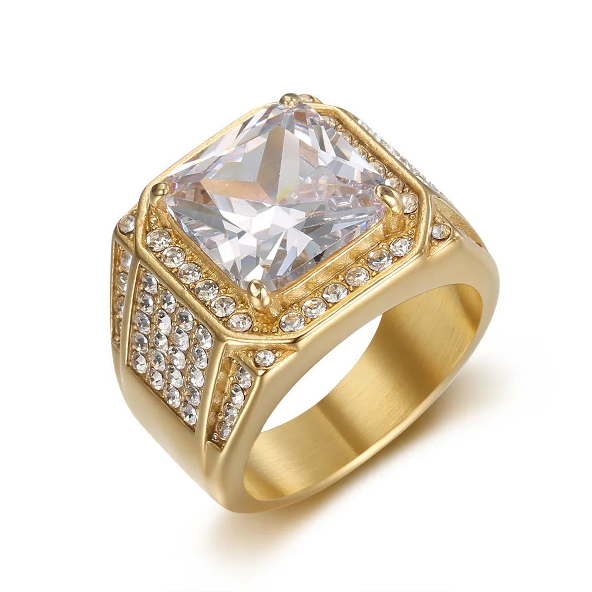 QUSIIOSLK 14K Gold Plated Sapphire Ring For Men – AAA Cubic Zirconia, Full Diamond Square Design, Hip Hop Jewelry, Size 12
