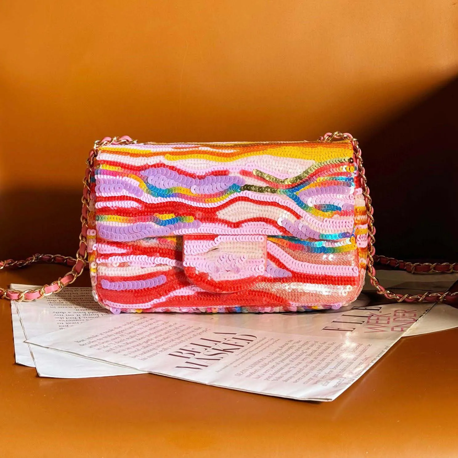 10A Genuine Leather Sequin Clutch Bag Designer Flap From