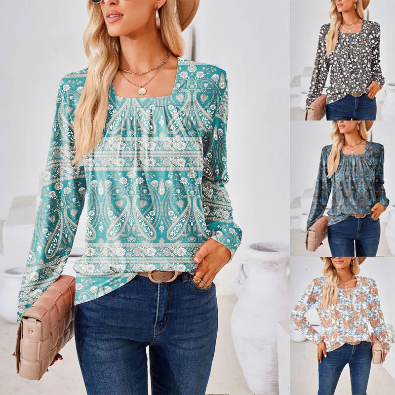 トップス SQUARE NECK LADY LIKE PLEATS TOP Square Neck Pleated Front Long Sleeve Top, Casual Curved Hem Tunic