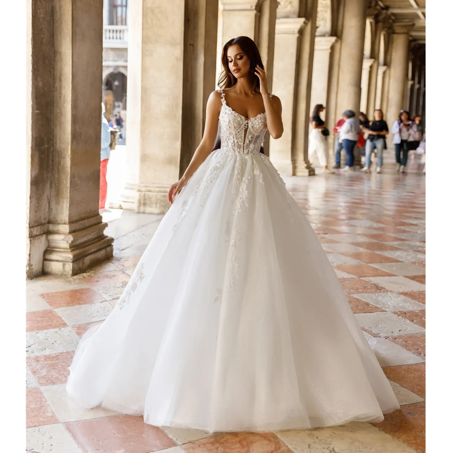 Elegant Boho Floral Wedding Dress: V Neck Appliques Beaded Bridal