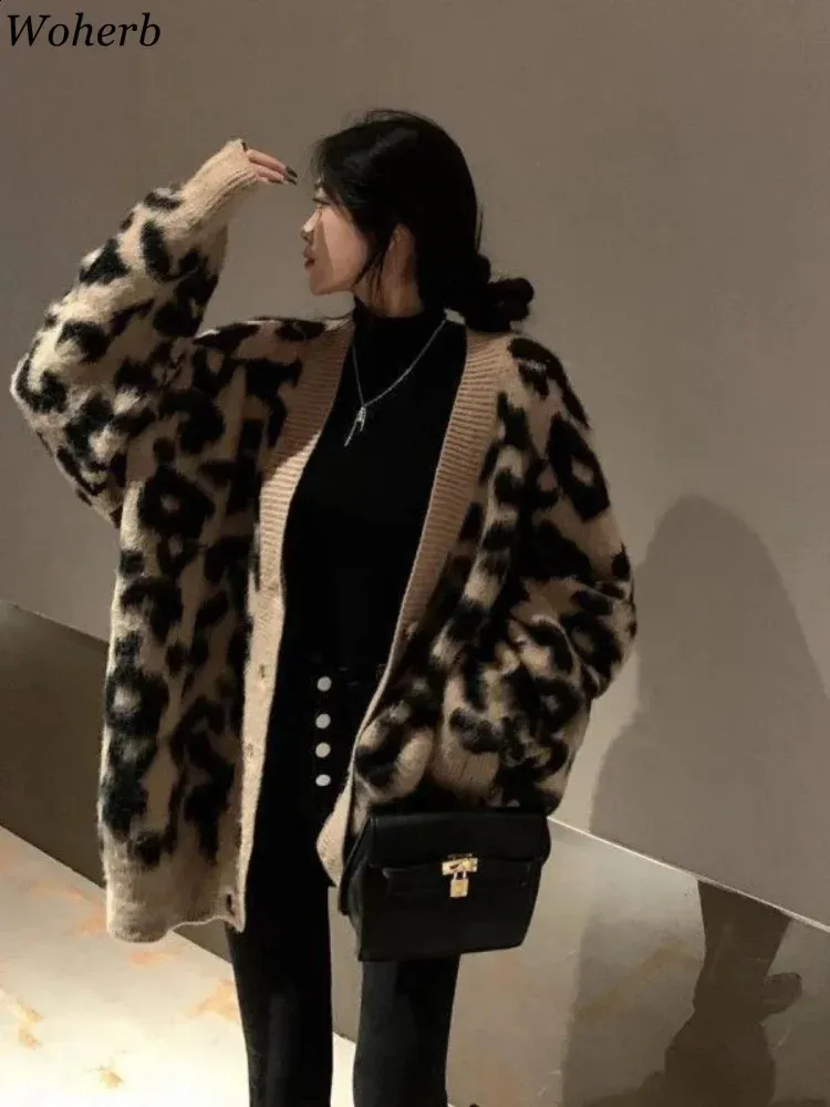 Save Big on Bulk Oversized Loose Knit Cardigan Woherb Oversized Cardigan  Tops Women Fashion Leopard Print Casual Pull Femme Knitted Vintage Sweater 