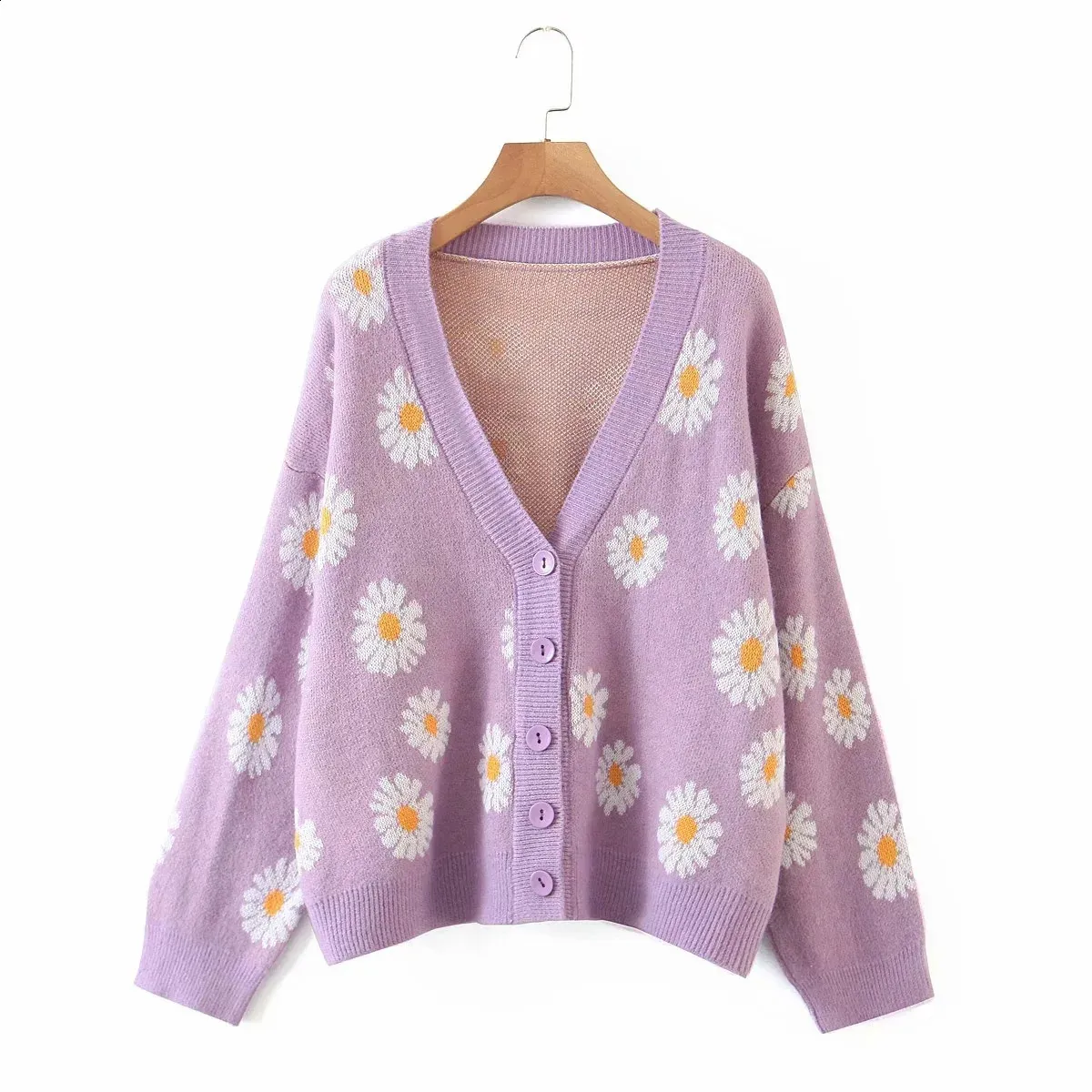 Floral Jacquard Knit Cardigan - Womens V Neck Long Sleeve Sweater
