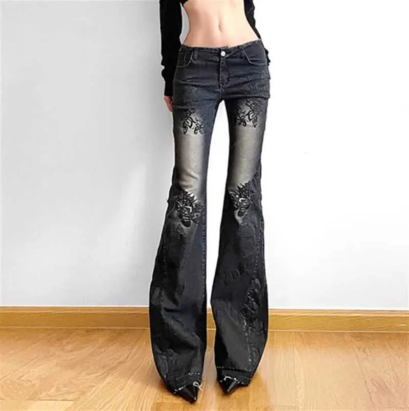 Y2K Gothic Flare Jeans - Womens Harajuku Baggy Denim, Low Waist
