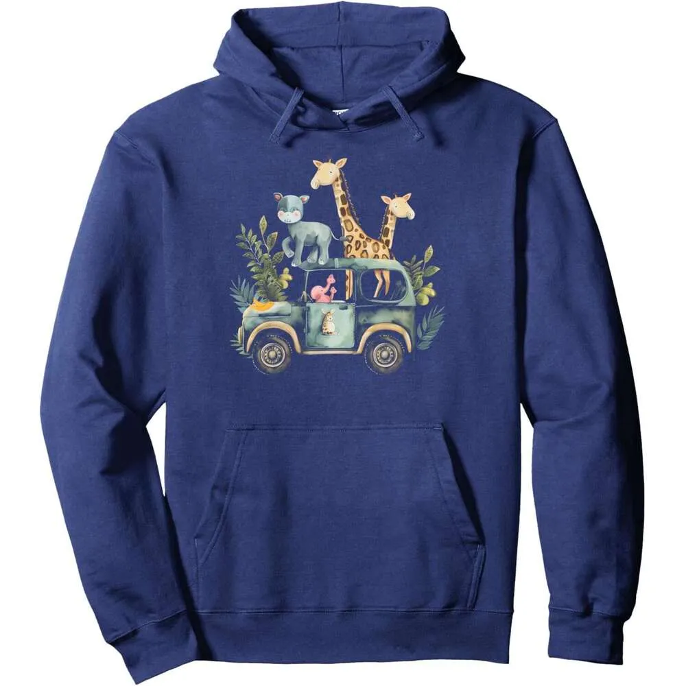 Adorable Safari Animals Vintage Van Adventure Unisex Pullover Hoodie Sweatshirt