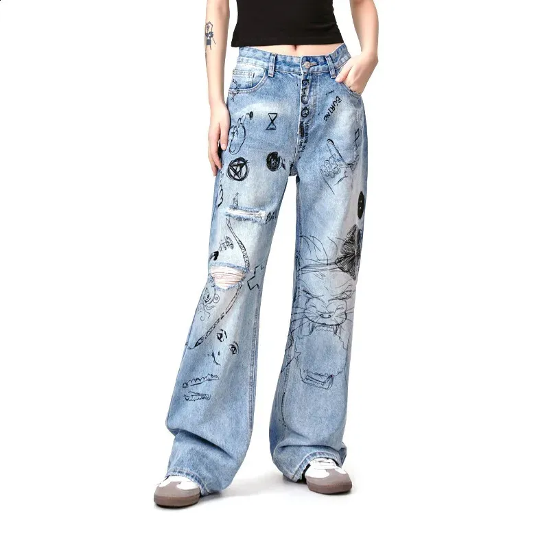 Create Extreme Graffiti Printed Tear Off Jeans Y2K Mens