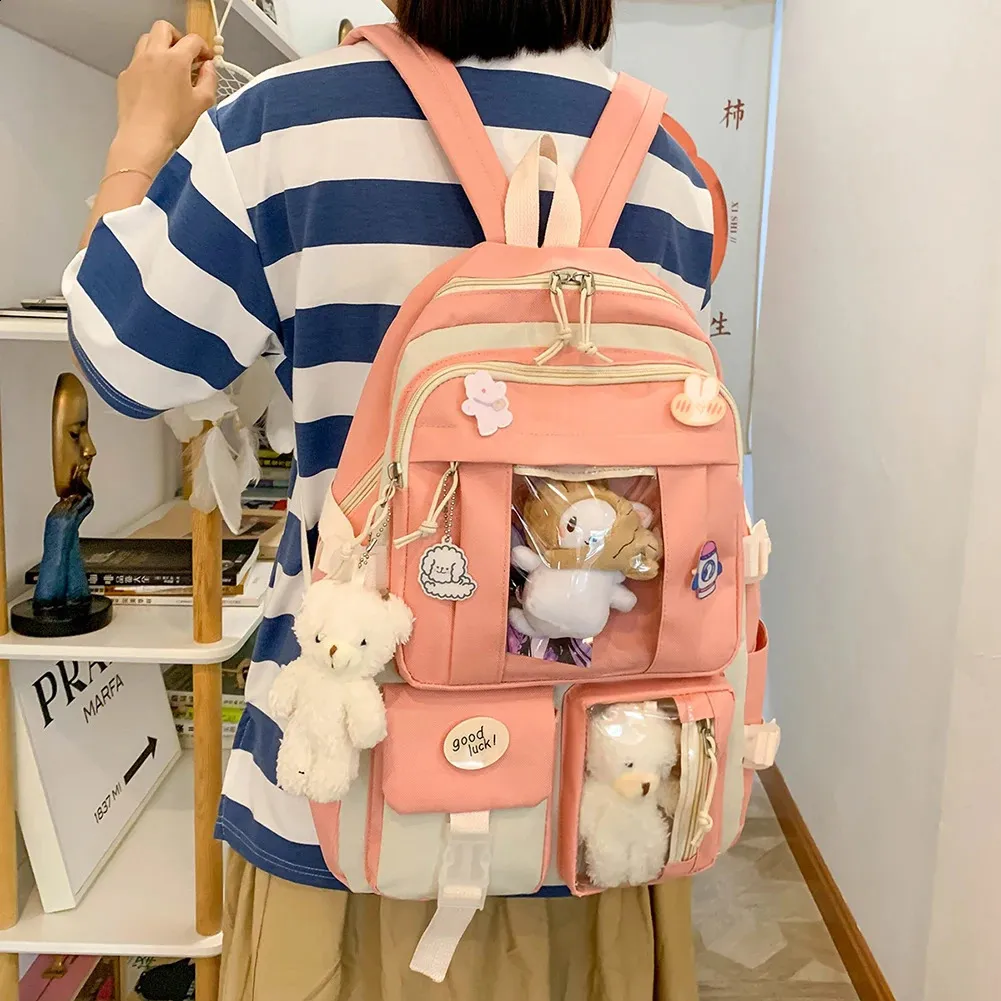 Kawaii Waterproof Nylon 5-Piece Backpack Set with Cute Plush Pendants SANMADROLA 5PCS Kawaii Student Backpack Set, Pink, Plush  main image 4