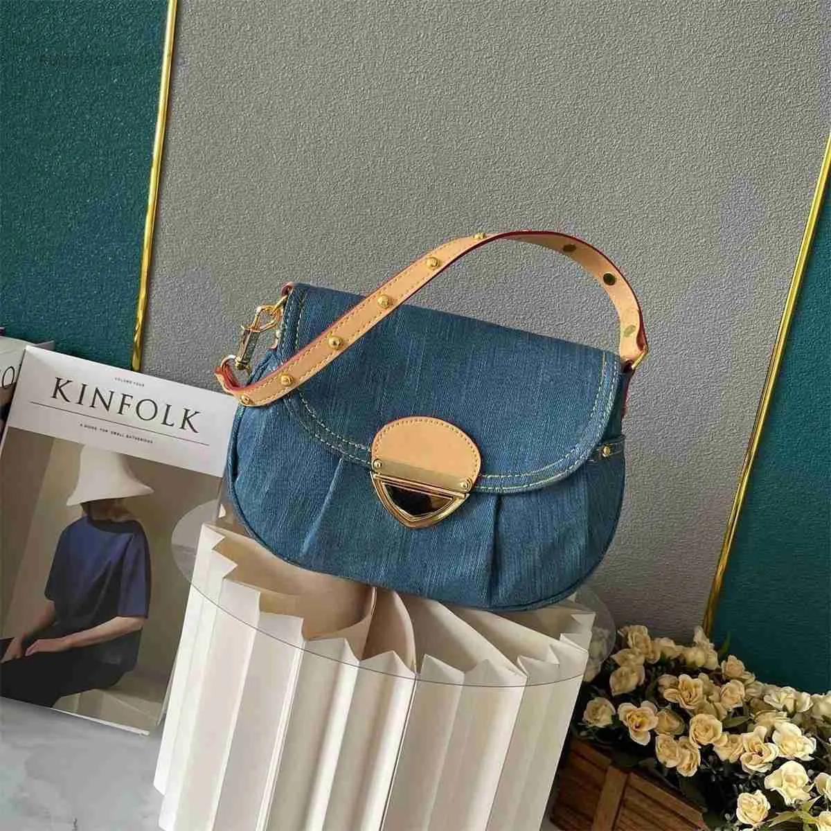 Designer Denim tote bags for women with Old Flower Print and Gold Hasp Deluxe Crossbody Handbag with Shoulder Strap