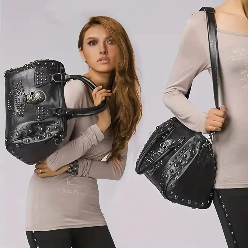DHgate.com:Black Faux Leather Skeleton Punk Crossbody Bag