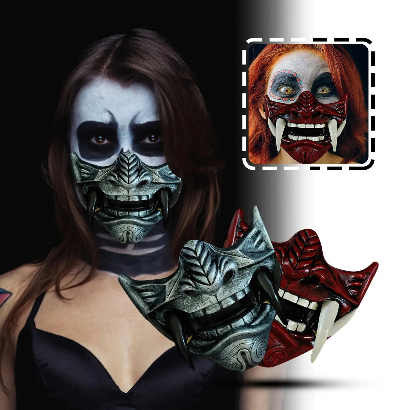 Masque Oni Hannya Demi-visage - Masque Démon Japonais Effrayant Pour Cosplay, Halloween Et Fête Masquée (Noir, Résine)