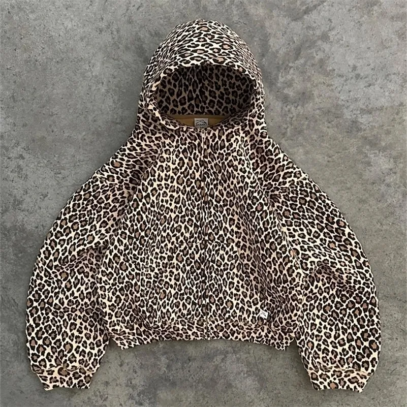 Retro Leopard Zip Up Hoodie: Oversized Streetwear Style For