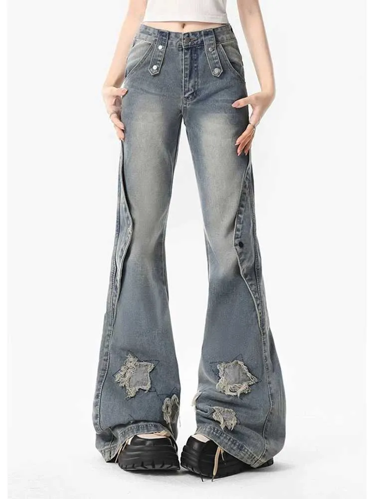 y2k archive お兄系　flare denim American Retro Y2K Flare Jeans Scratched Slim Bell Bottoms