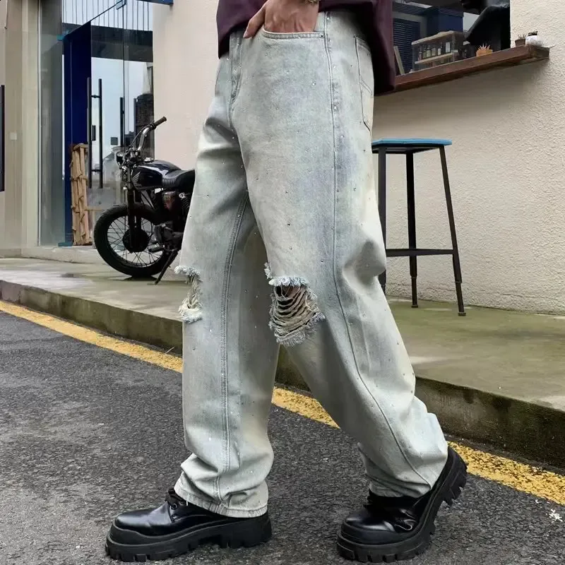 【KOOLOSET】Ripped Vintage Balloon Denim Mens Vintage Ripped Baggy Jeans Crystal Blue Denim, Straight