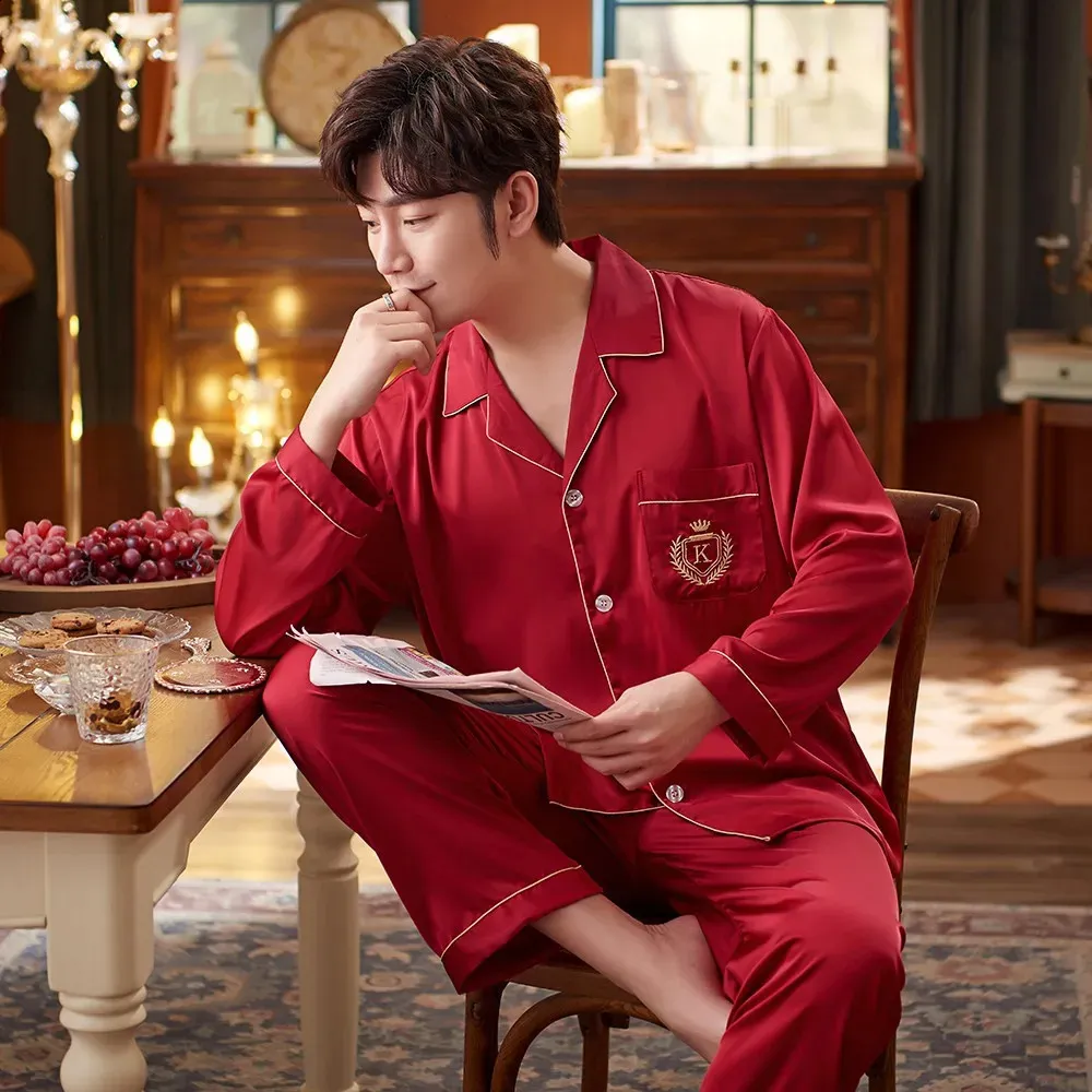 Long Sleeve Mens Pure Silk Pajamas Black Silk Shirt Men Manito