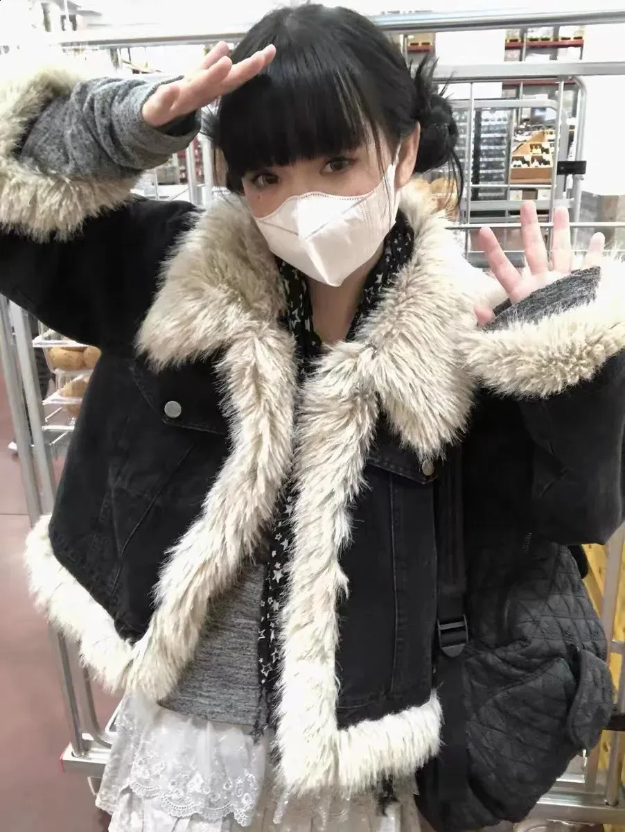 Y2K Denim Fur Jacket: Grunge Fairycore Patchwork Coat