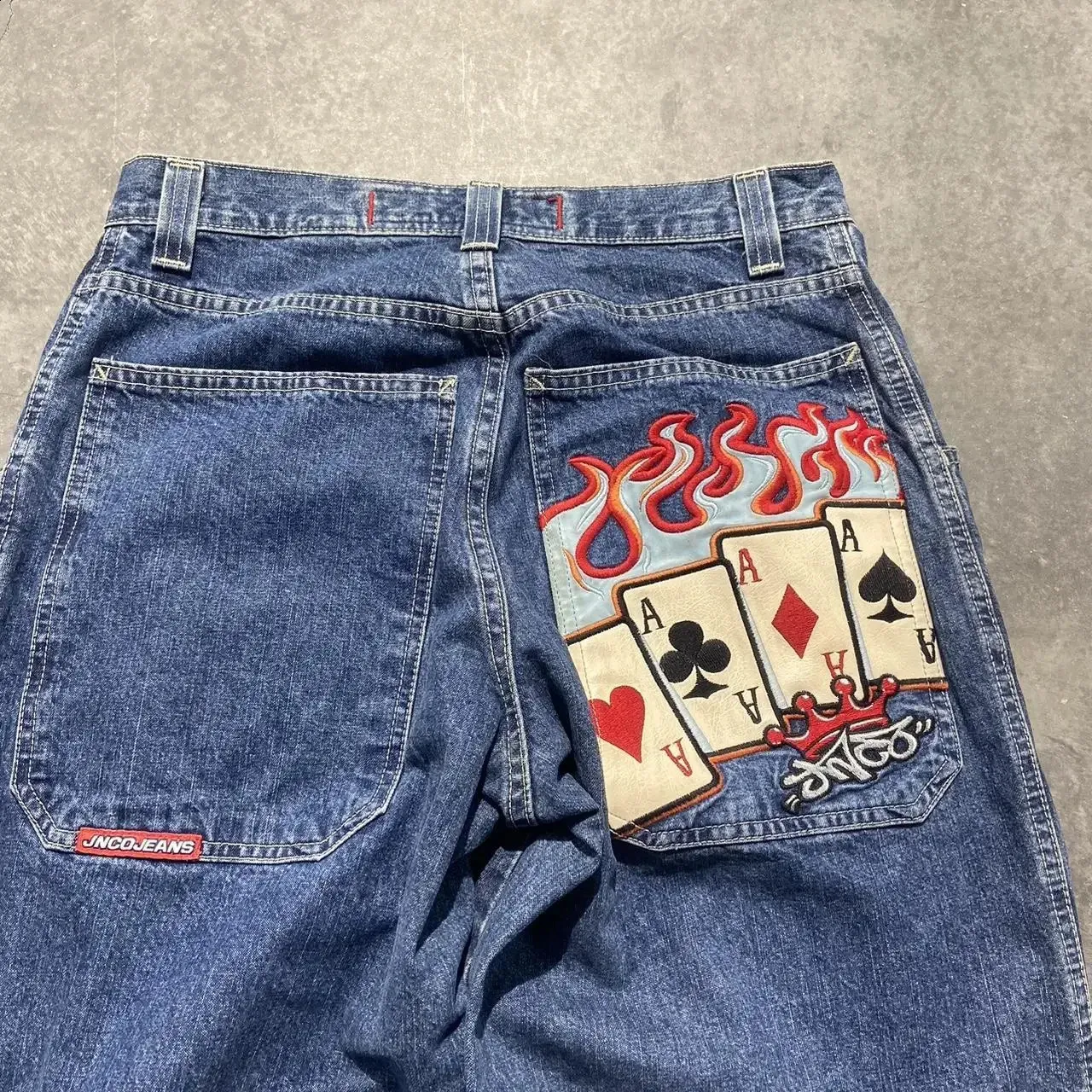 Y2K JNCO Jeans Blue Flame Yin Yang Poker Card Retro 90s Womens