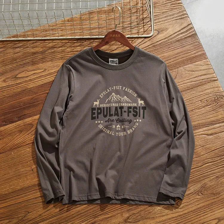 Retro Letter Print Long Sleeve T-Shirt - Premium Cotton, Classic