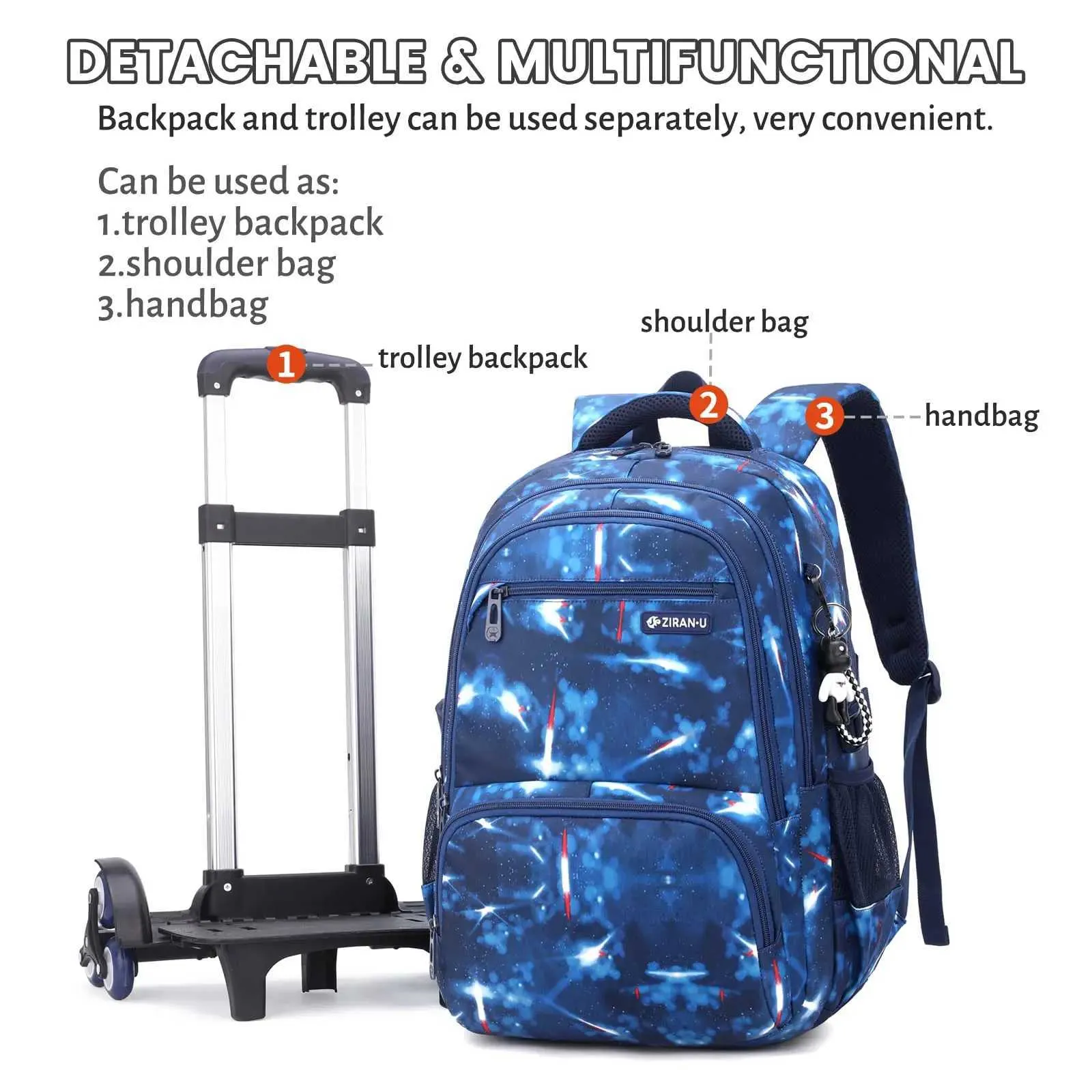 Student Backpack with Wheels Wheeled Trolley Bag for School, 7.1 in 18 ...