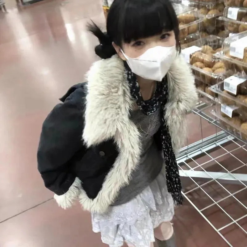 Y2K Denim Fur Jacket: Grunge Fairycore Patchwork Coat Y2K Denim Fur Jacket: Grunge Fairycore Patchwork Coat
