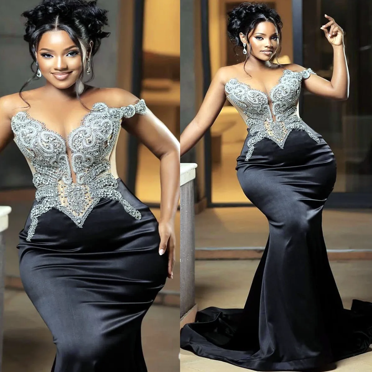 Black Mermaid Prom Dress with Beads Rhinestones African Aso Ebi Satin Evening Gown for Special Occasions