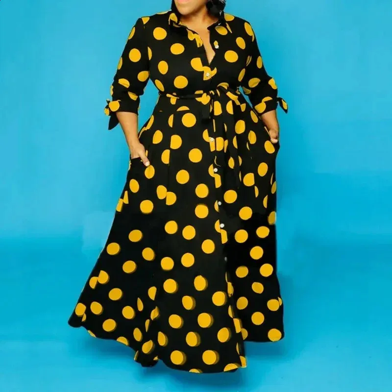 Plus Size Casual Dot Shirt Dress with Long Sleeves, High Waist, Lace-Up, pockets, and Large Hem - Vestidos Elegantes Para Mujer 240819 Plus Size Casual Dot Shirt Dress with Long Sleeves, High Waist, Lace-Up, pockets, and Large Hem - Vestidos Elegantes Para Mujer 240819