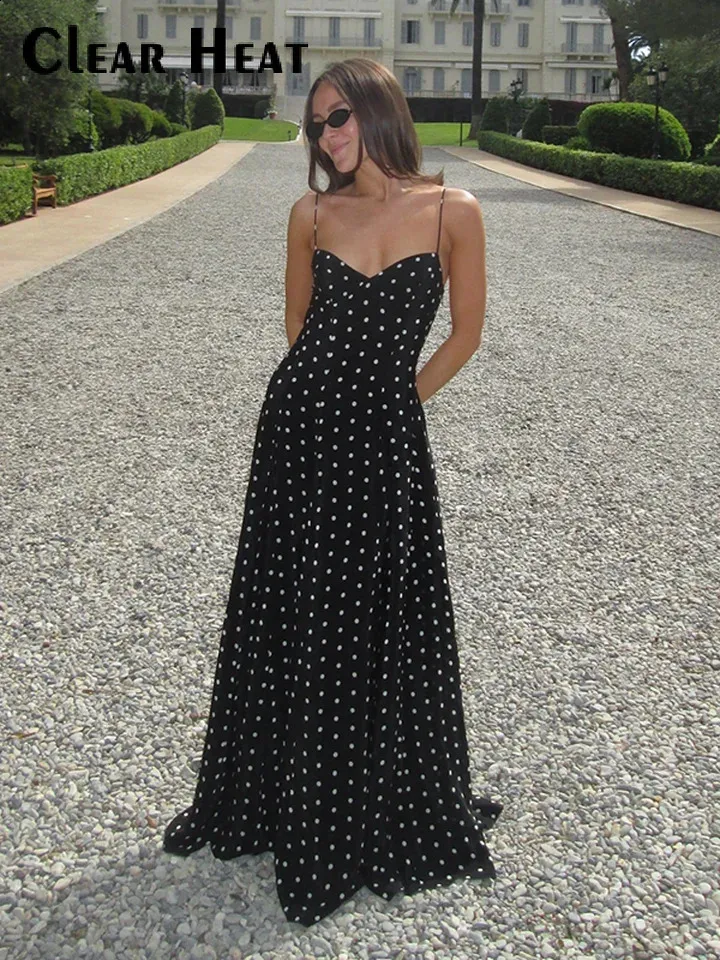 Sexy Black Spotted Backless Aline Sling Long Dresses Elegant Sleeveless High Waist Slim Summer Vacation Party Robes
