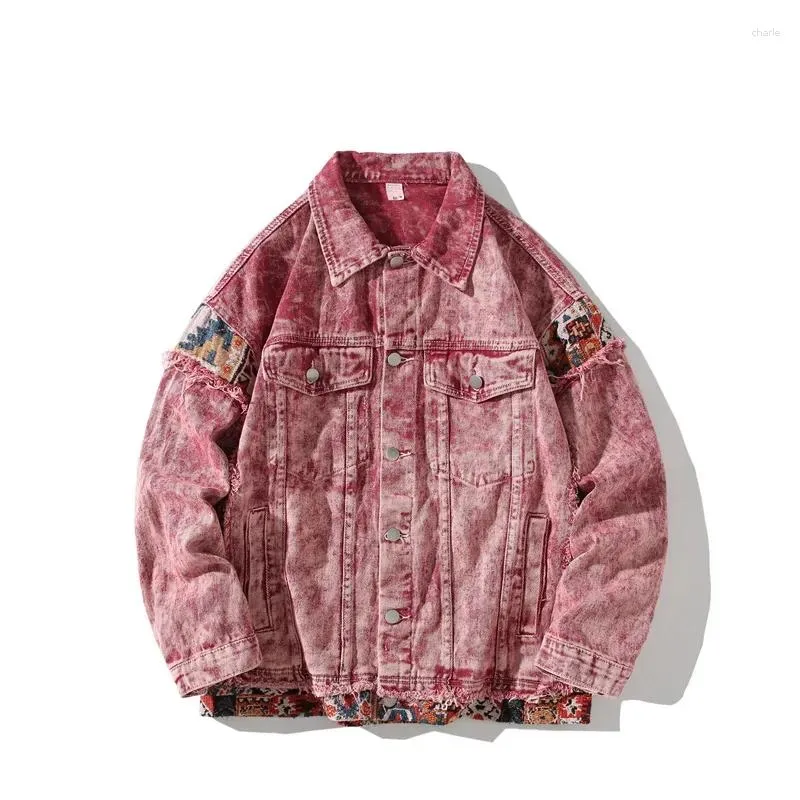 Mens Retro Denim Jacket - Pink Patchwork Style, Cool Casual