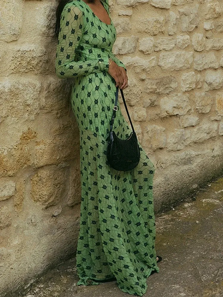 sachin and babi light blue dress Green Printed Square Collar Long Sleeve Dress with High Waist Hip Package