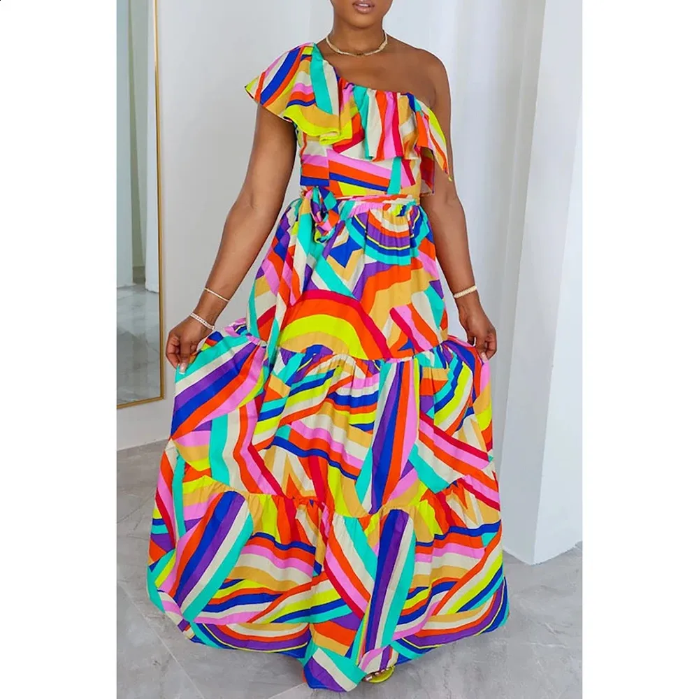 Rainbow One Shoulder One Shoulder maxi dress - Multicolor Print for Plus Size Casual Wear Rainbow One Shoulder One Shoulder maxi dress - Multicolor Print for Plus Size Casual Wear
