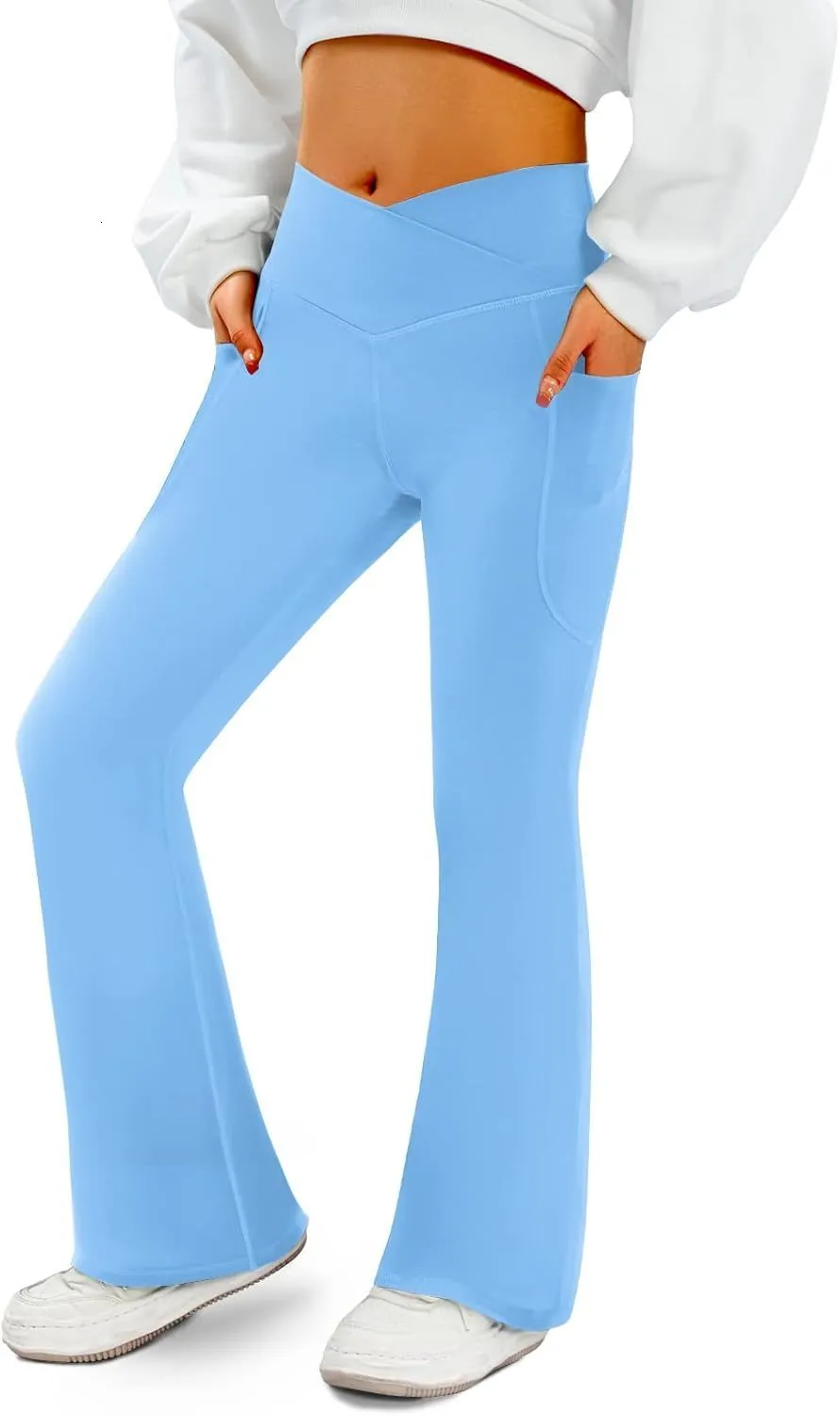 Pantalon De Yoga Femme Baggy Bootcut - Coupe Ajustée, Avec Poche Croisée, En Coton, Noir Et Bleu Clair, Style Décontracté - 12