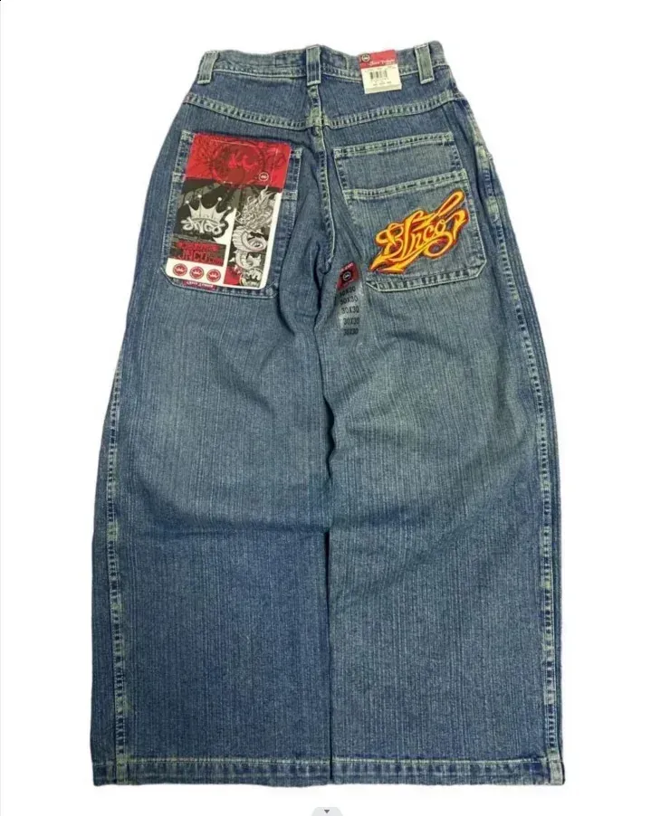 Streetwear JNCO Jeans: Embroidered Pocket Denim Wide Leg Pants for