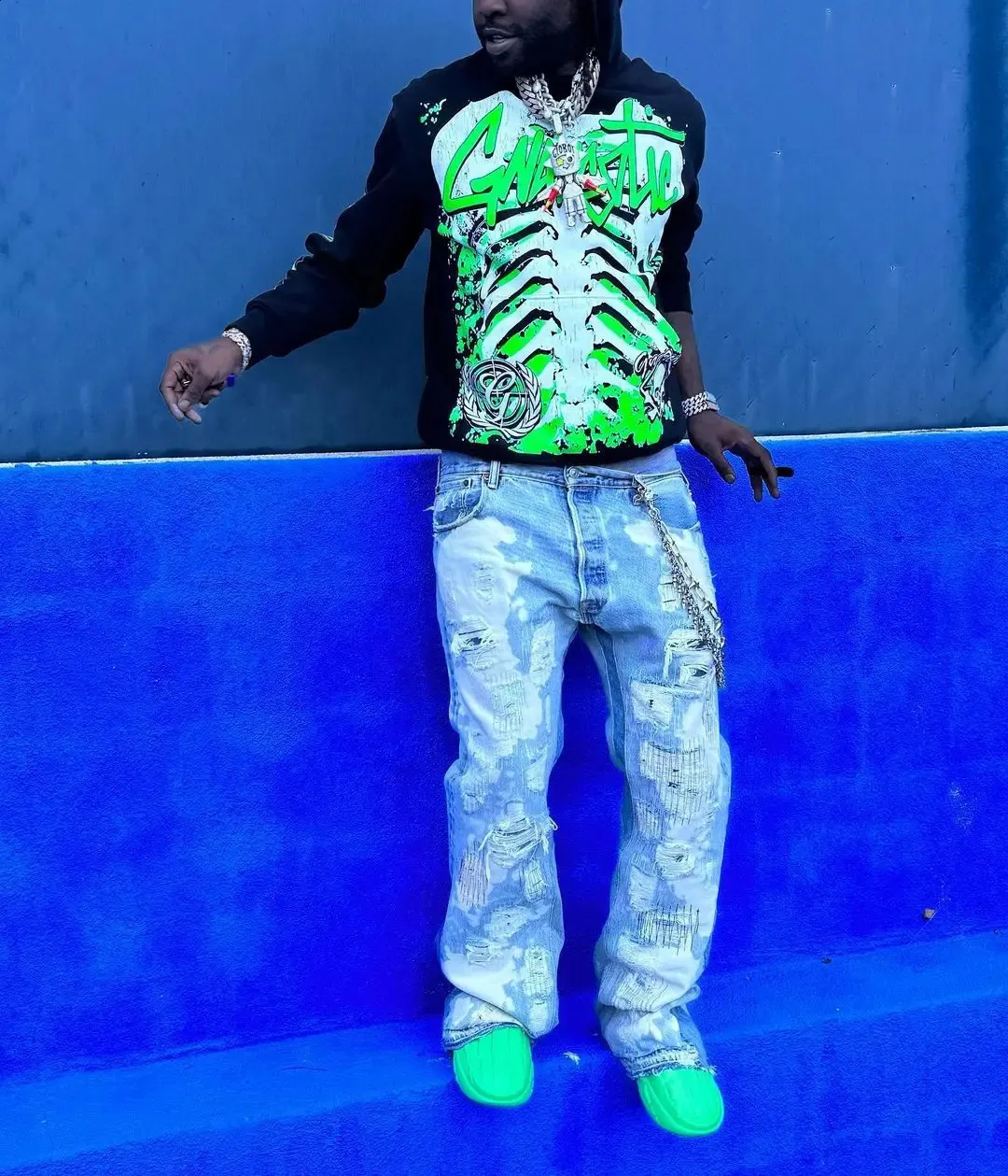 Oversized Harajuku Style Hoodie: Green Punk Ribs Print, Y2k