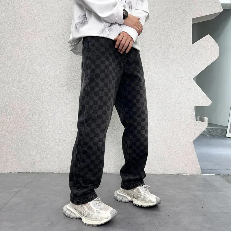 Mens Plaid Print Y2K Denim Checkered Jeans Autumn Fashion