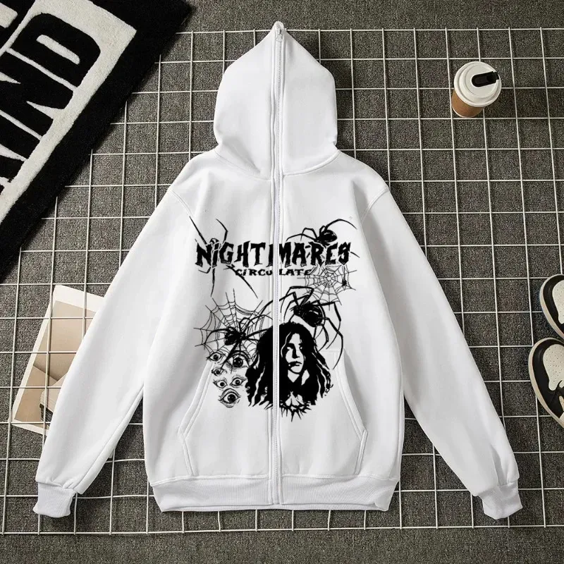 Oversized Spider Print Zip Up Hoodie - Y2K Vintage Style